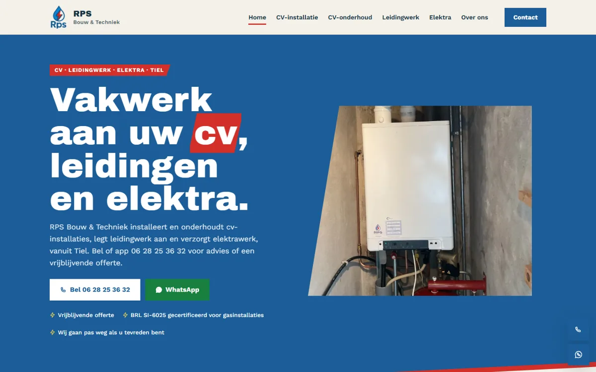 Homepage van rpstiel.nl met de kop Vakwerk aan uw cv, leidingen en elektra