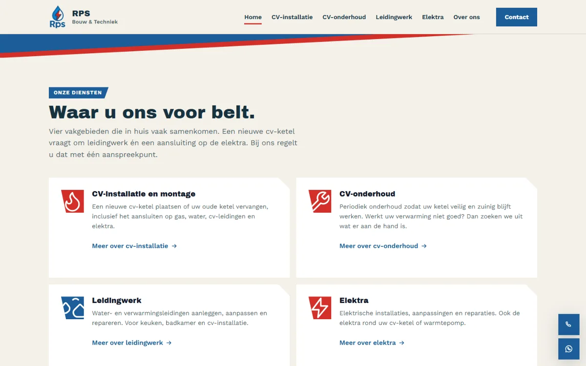 De vier kerndiensten van RPS op de homepage, elk met een eigen kaart