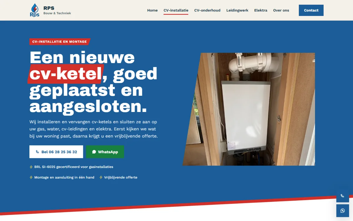 Dienstpagina CV-installatie en montage op rpstiel.nl met een foto van een cv-ketel