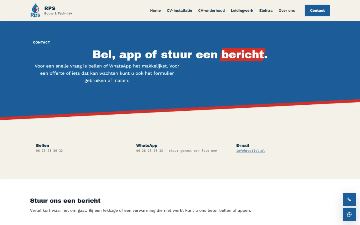 Contactpagina met bellen, WhatsApp en e-mail