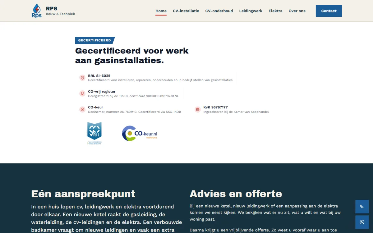 Blok Gecertificeerd voor werk aan gasinstallaties met het CO-VRIJ-keurmerk en het logo van CO-keur